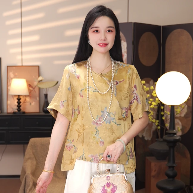 【蝶语】2025新中式国风高级感T恤女装夏季短袖斜襟上衣