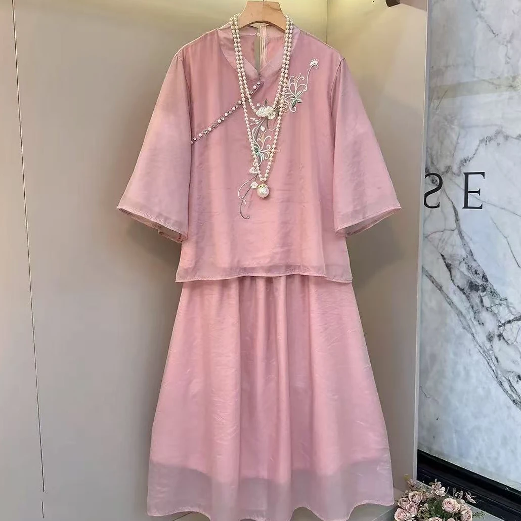 【柚柚】时尚重工新中式大码夏季薄纱两件套大码套装