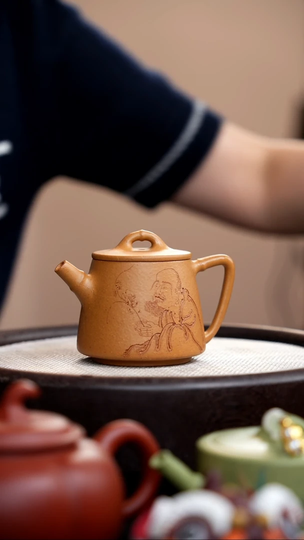 茶壶紫砂黄金段竹节高石瓢刻老者