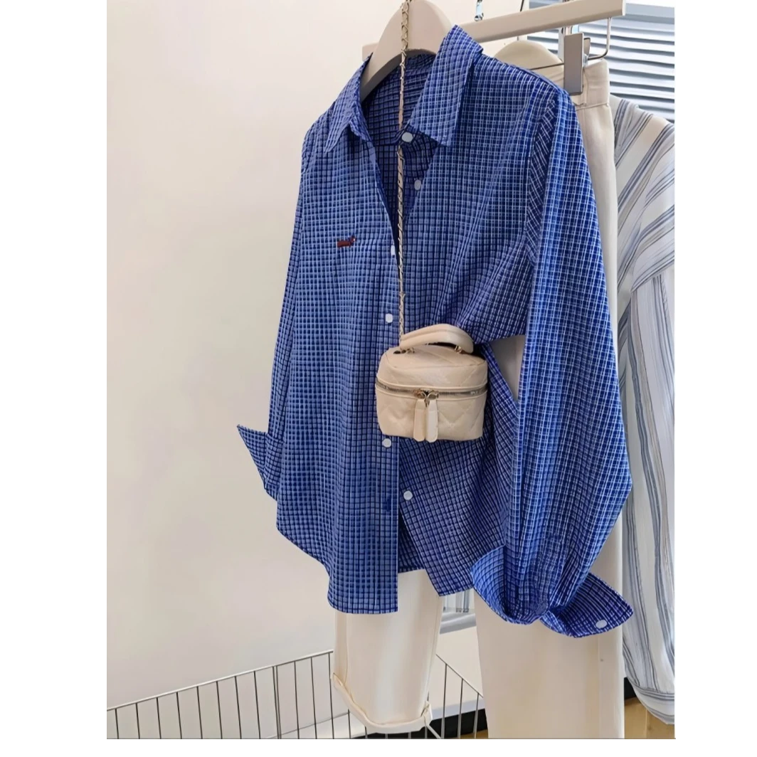 蓝色格子长袖衬衫女秋季2025新款宽松小个子正肩衬衣气质百搭上衣