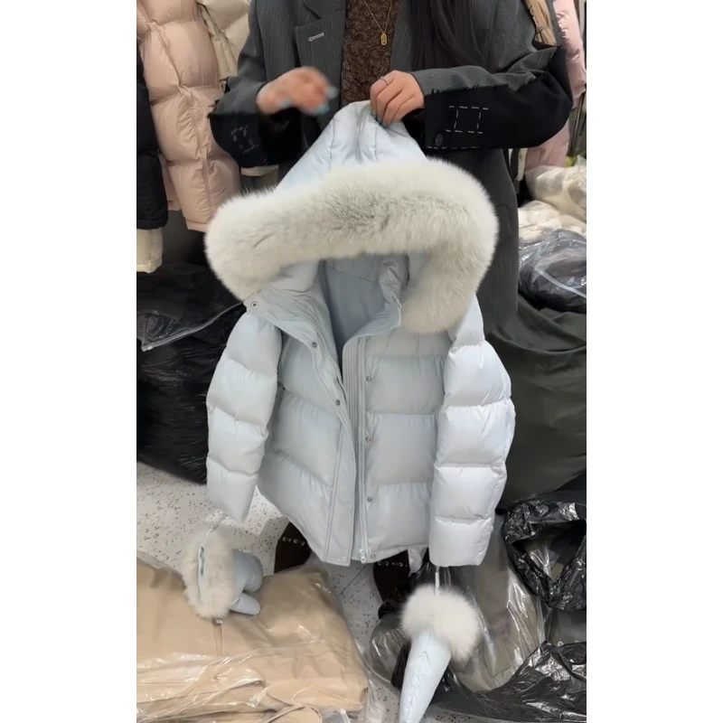 MARIE.COCO韩系蓝色毛领连帽棉服女冬季新款加厚保暖百搭棉衣外套