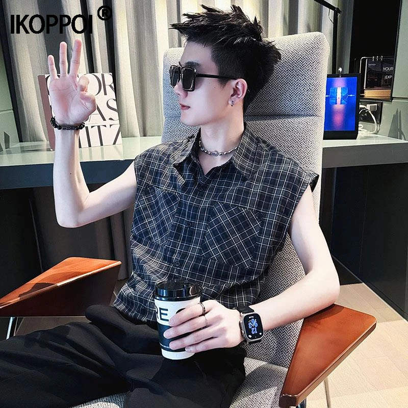 无袖衬衫男潮牌格子背心2025新款夏季男装短袖衬衣冰丝坎肩马甲帅
