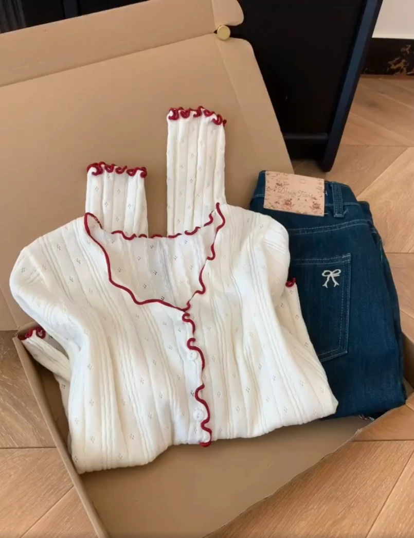 2025秋冬季新款韩系撞色木耳边长袖针织衫女秋季修身显瘦开衫上衣