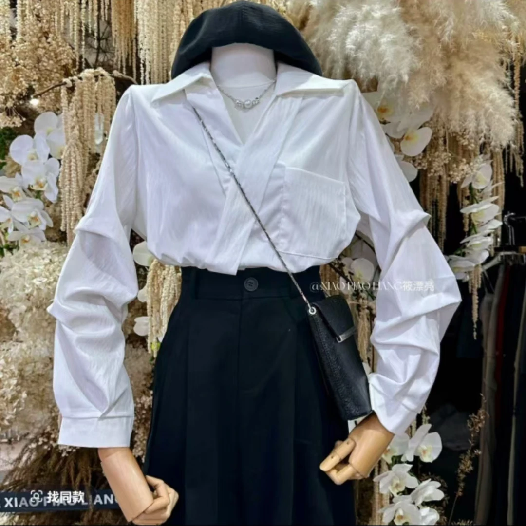 法式V领设计感小众秋白色长袖衬衣