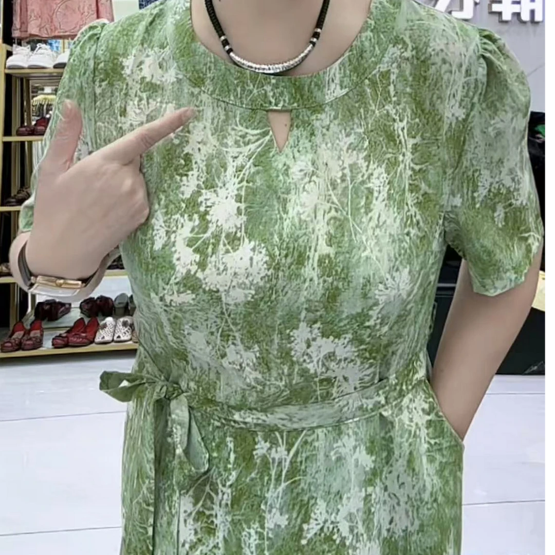 夏季新款女士圆领连衣裙时尚显瘦收腰裙子