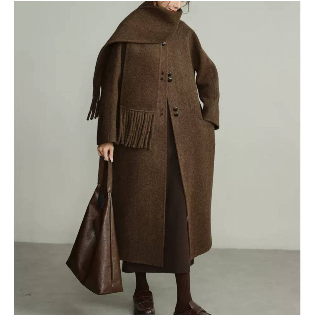 宏丰2509【新年大促】牦牛绒&桑蚕丝时尚围巾款绵羊毛大衣外套