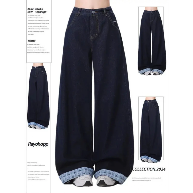 字母刺绣蝴蝶结格子拼接牛仔裤女2025春秋新款宽松高腰阔腿裤子