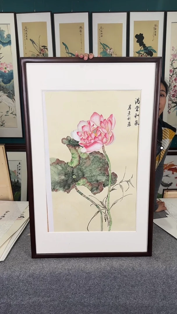 国画没骨荷花实木装裱50*80