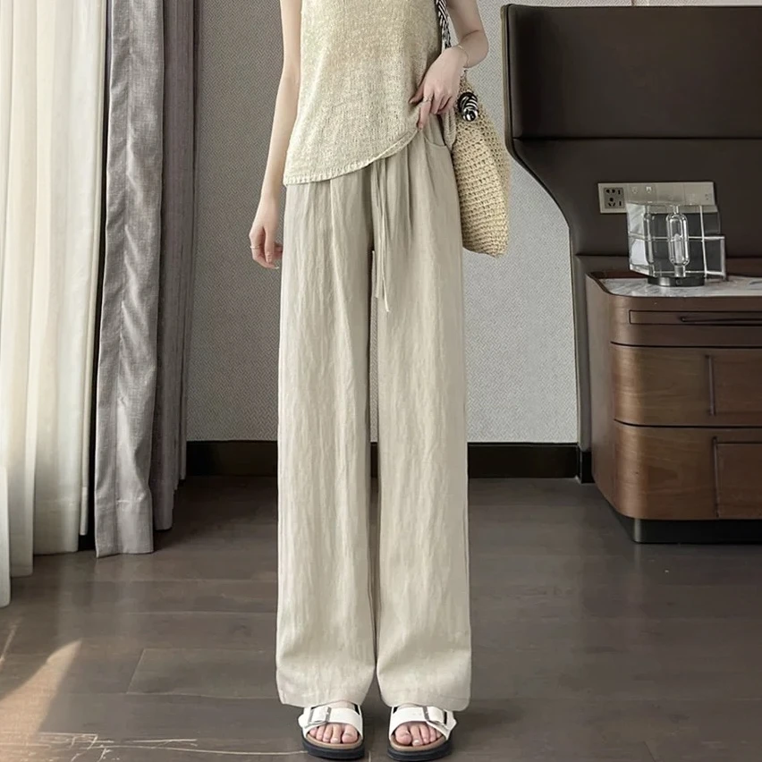 天丝亚麻阔腿裤女2025夏季薄款新款慵懒休闲直筒棉麻冰丝山本裤子
