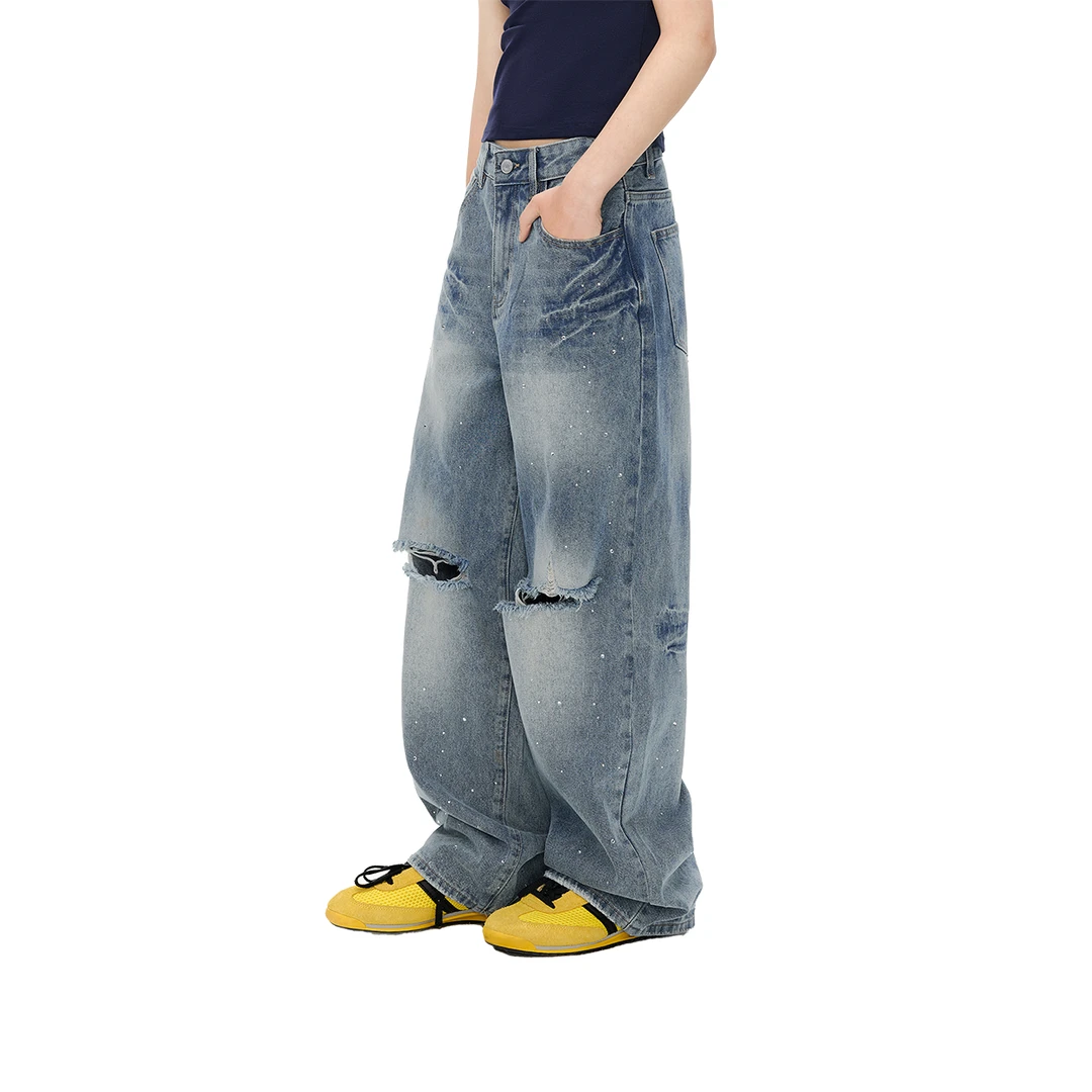 NICEBAD(原WORKSOUT)破洞烫钻满天星宽松直筒牛仔裤