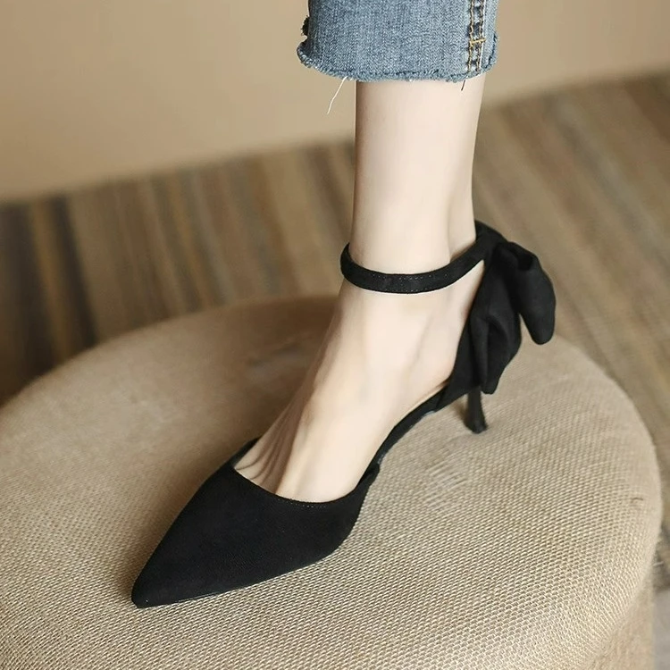 SIJIERUI法式凉鞋女细跟2025年夏季一字带蝴蝶结尖头高跟包头单鞋