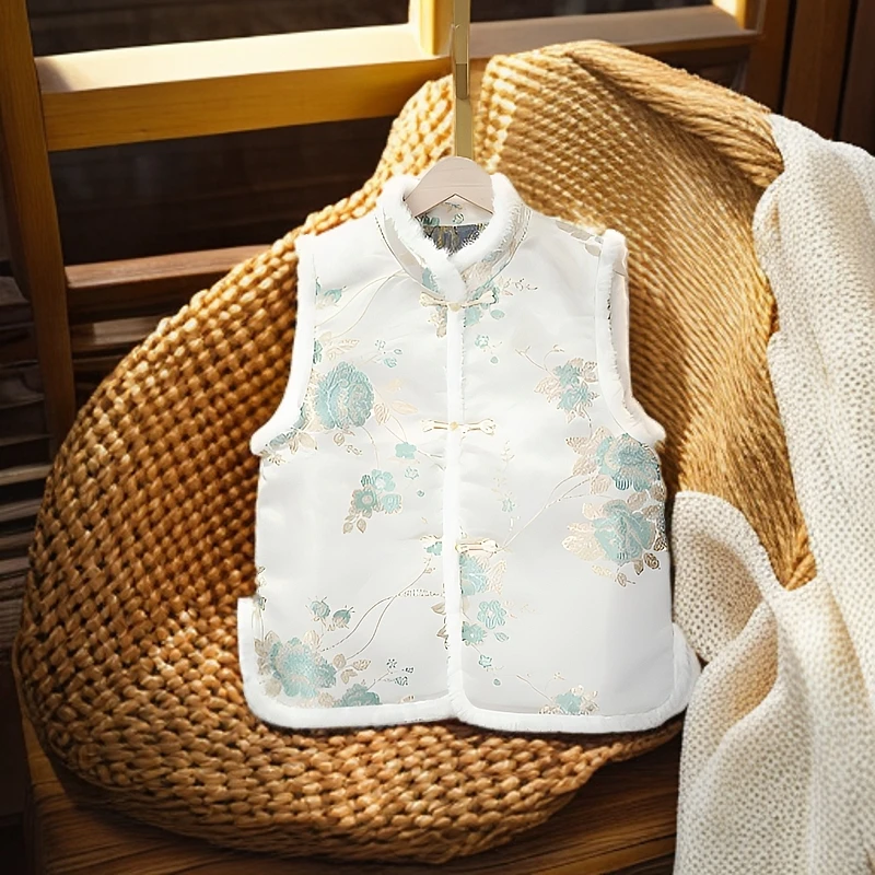 新中式毛毛边织锦提花加绒厚款秋冬季复古盘扣马甲2024原版正品