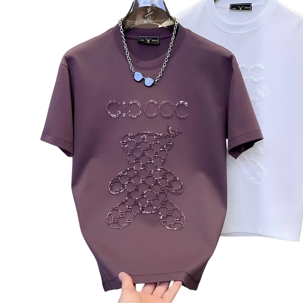 卢密洛布登夏季新款男小熊烫钻圆领短袖T恤时尚百搭休闲半袖潮流