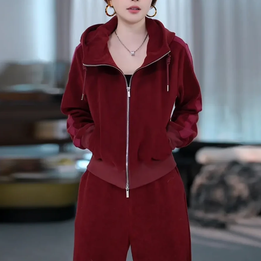 冬装搭配一整套时尚酒红色复古拉链开衫外套垂感直筒裤运动两件套