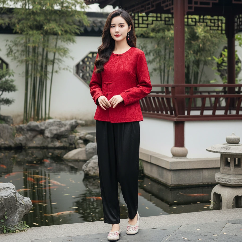 新中式国潮风红色宽松上衣新年内搭休闲打底衫女士提花长袖加绒