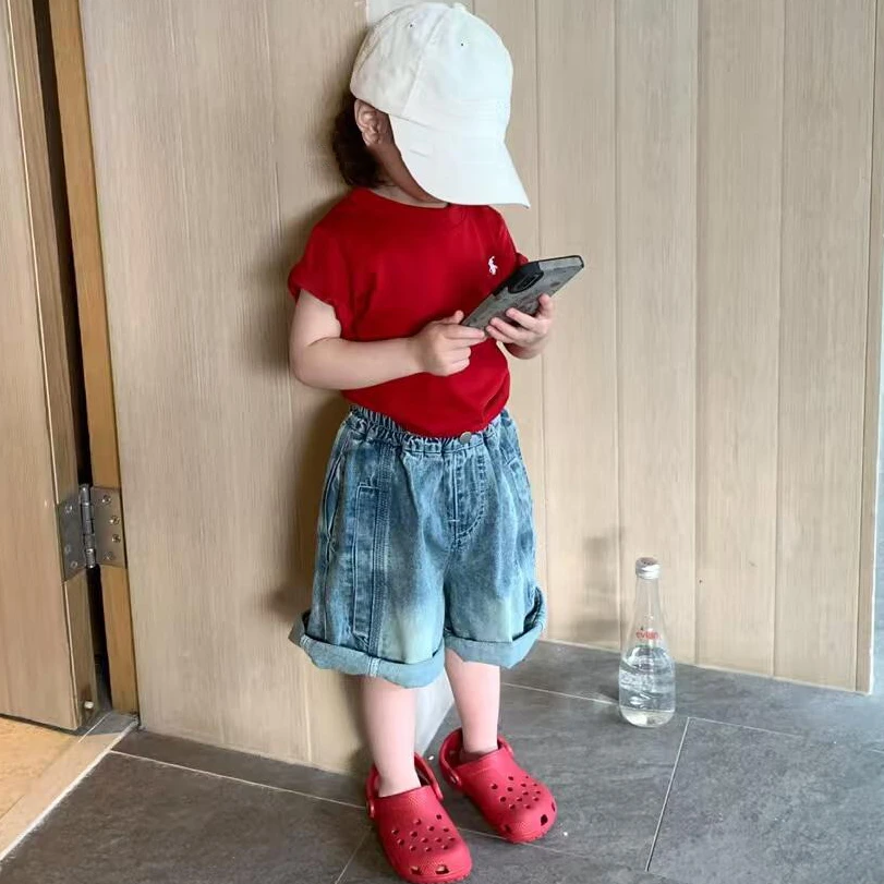 小惜亦萌娃穿搭女童套装夏季红色小马标刺绣上衣牛仔裤时尚童装潮