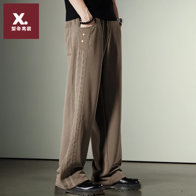 美式条纹直筒休闲裤男2025秋冬加绒咖啡色宽松垂感男士运动长裤子