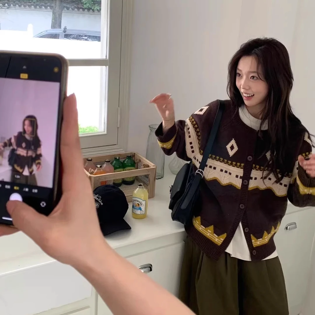 美式～复古系费尔岛高档针织外套2025秋上新菱形提花撞色宽松开衫