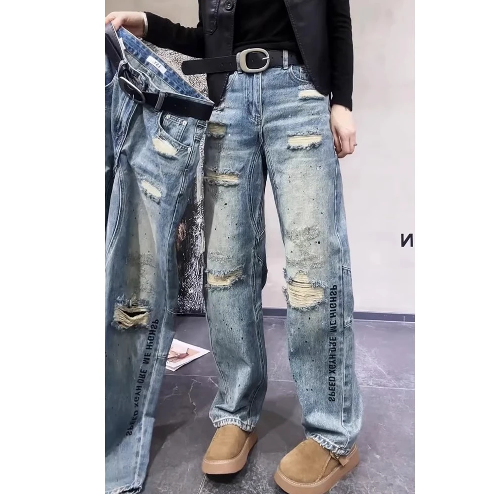 2025春季新款梨型身材显瘦假破洞牛仔裤女胖mm显瘦弯刀宽松阔腿裤