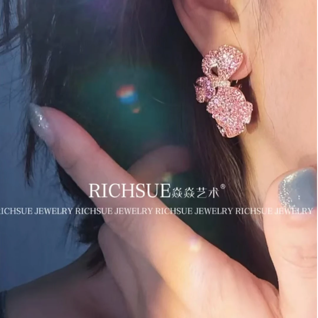RICHSUE 非金属合成锆石耳饰 设计立体粉色蝴蝶结耳环 s925银镀金