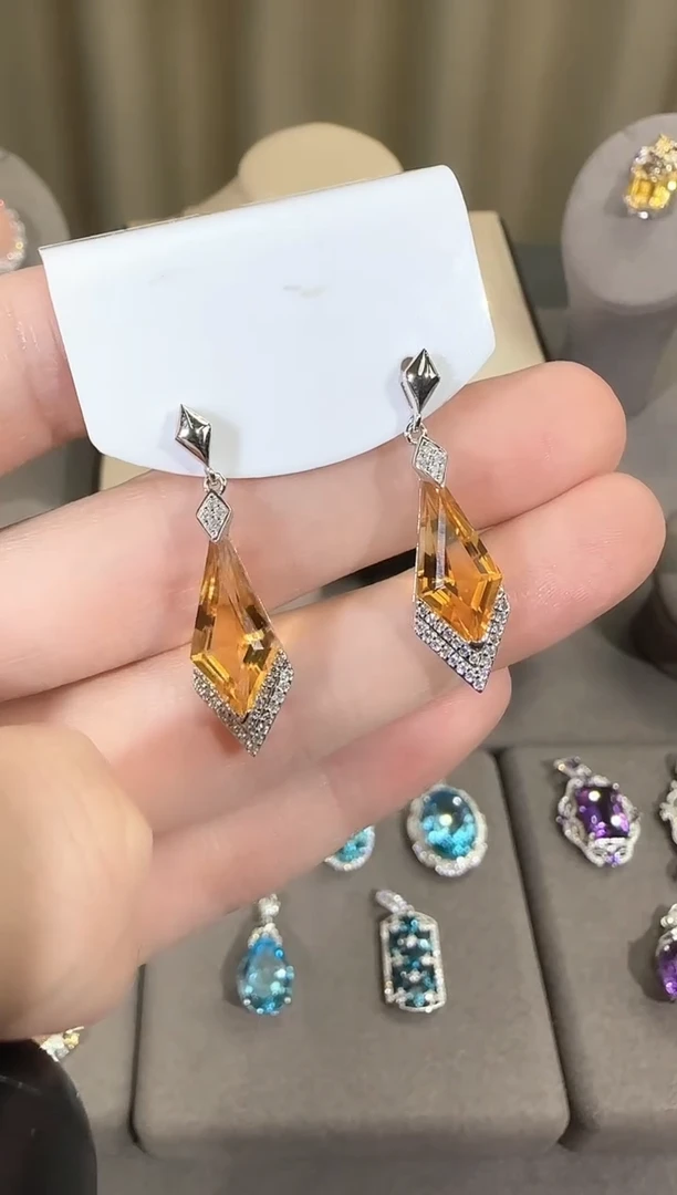 银S925镶嵌耳饰黄晶8*14mm耳坠菱形设计款