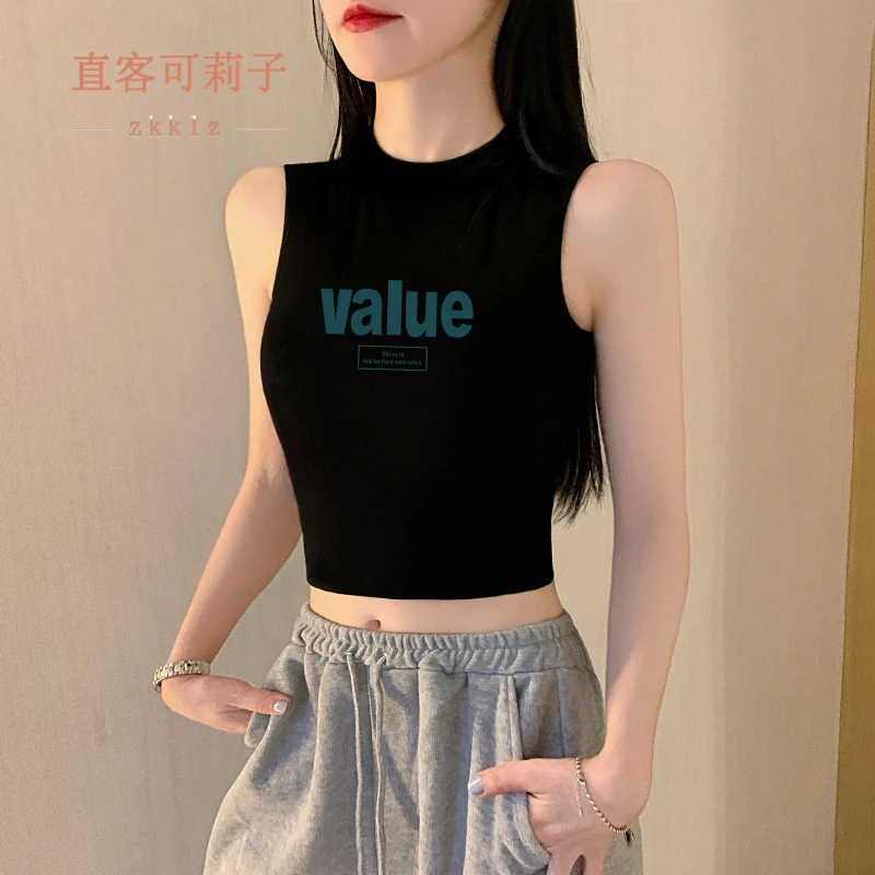 背心吊带慵懒风紧身修身通勤露脐黑色百搭夏季打底小众辣妹印花潮