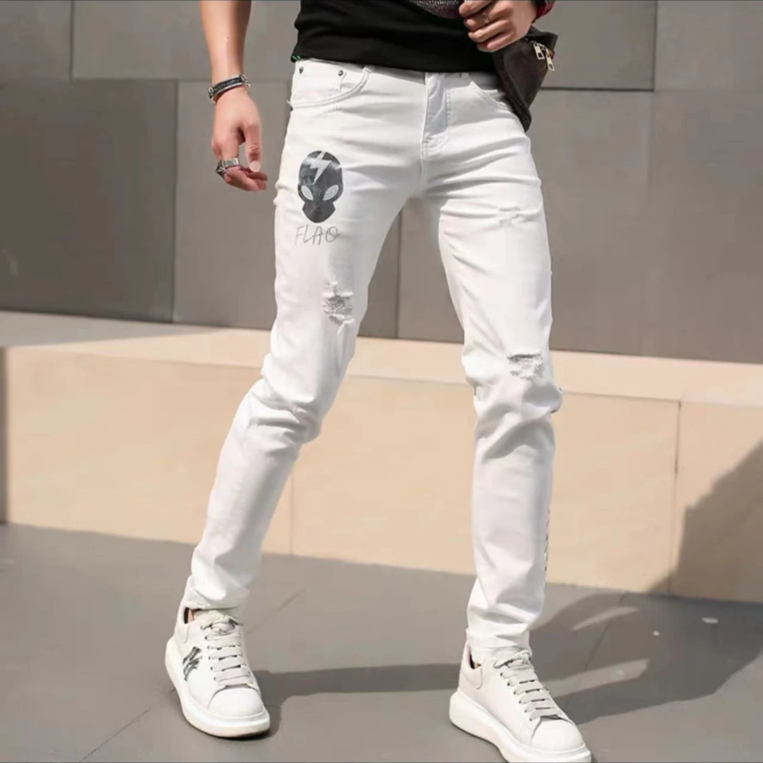 200212夏季新款白色时尚休闲修身小脚破洞牛仔裤