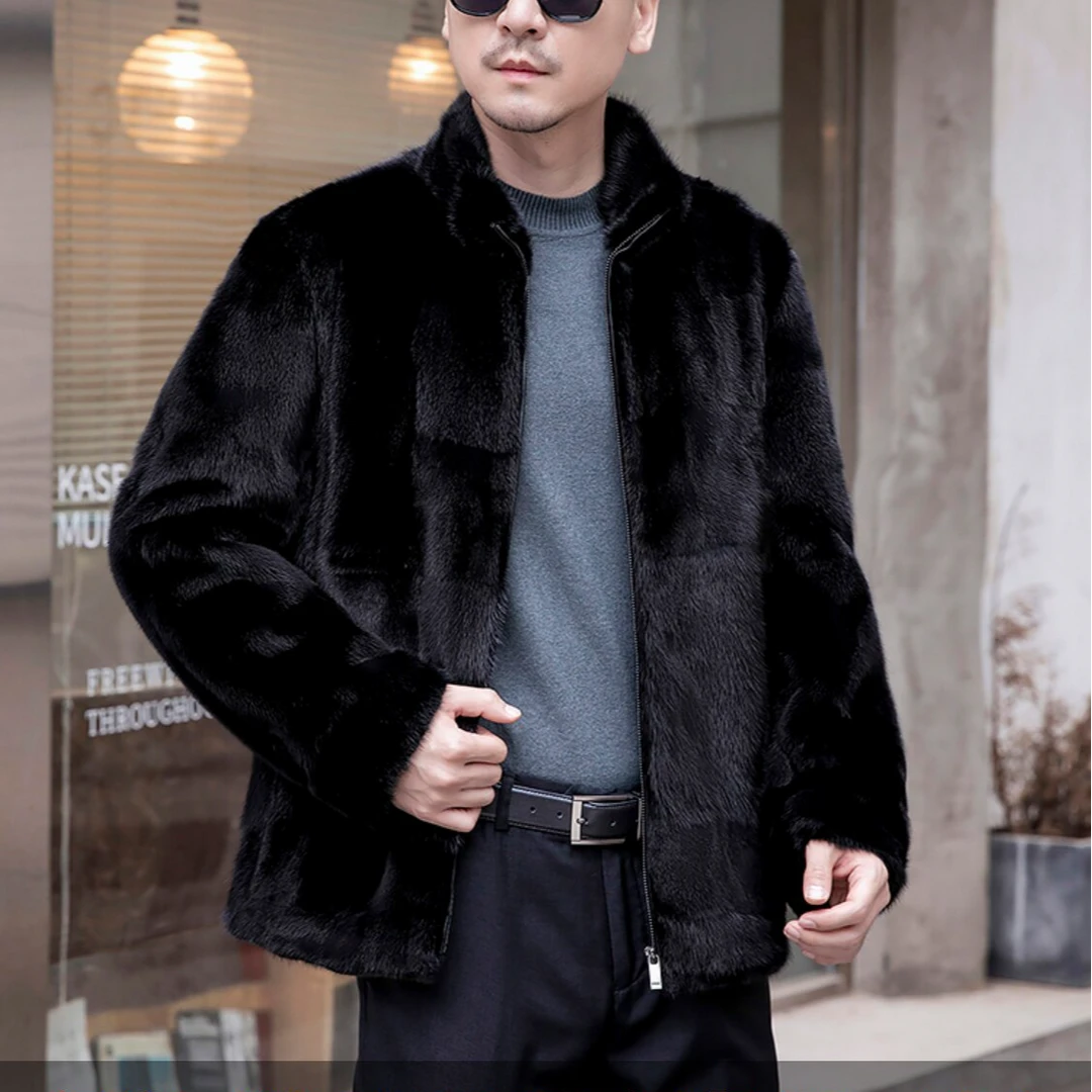 2025新款水貂皮连帽大衣男士立领翻领拼貂皮草水貂拼接外套真貂毛