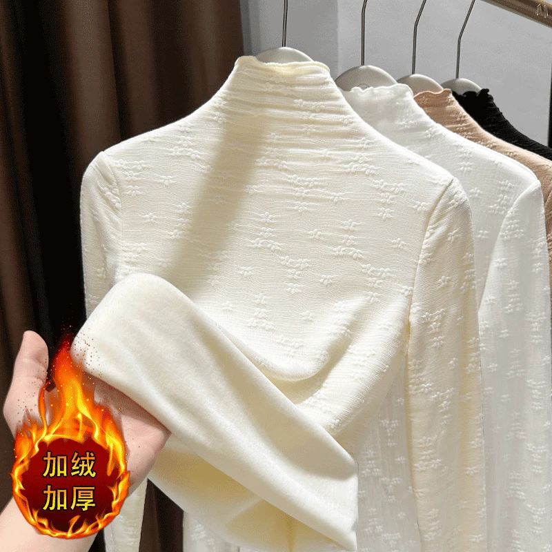 加绒蕾丝打底衫女2025新款秋冬洋气内搭高领加厚保暖木耳边上衣