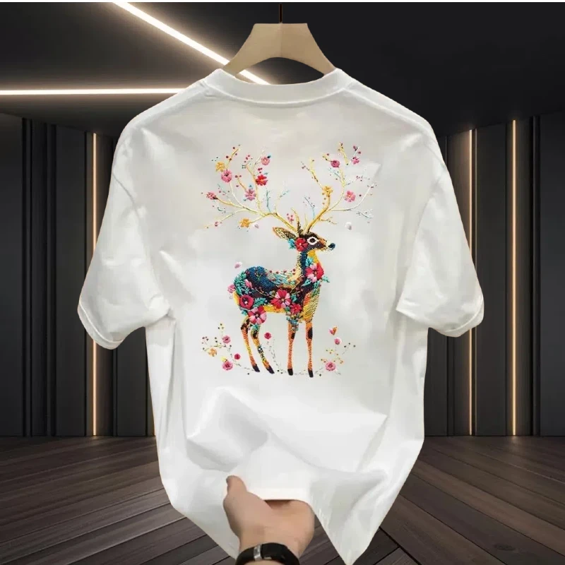 国潮纯棉痞帅男士短袖t恤梅花鹿百搭圆领休闲潮流半袖印花上衣衫T