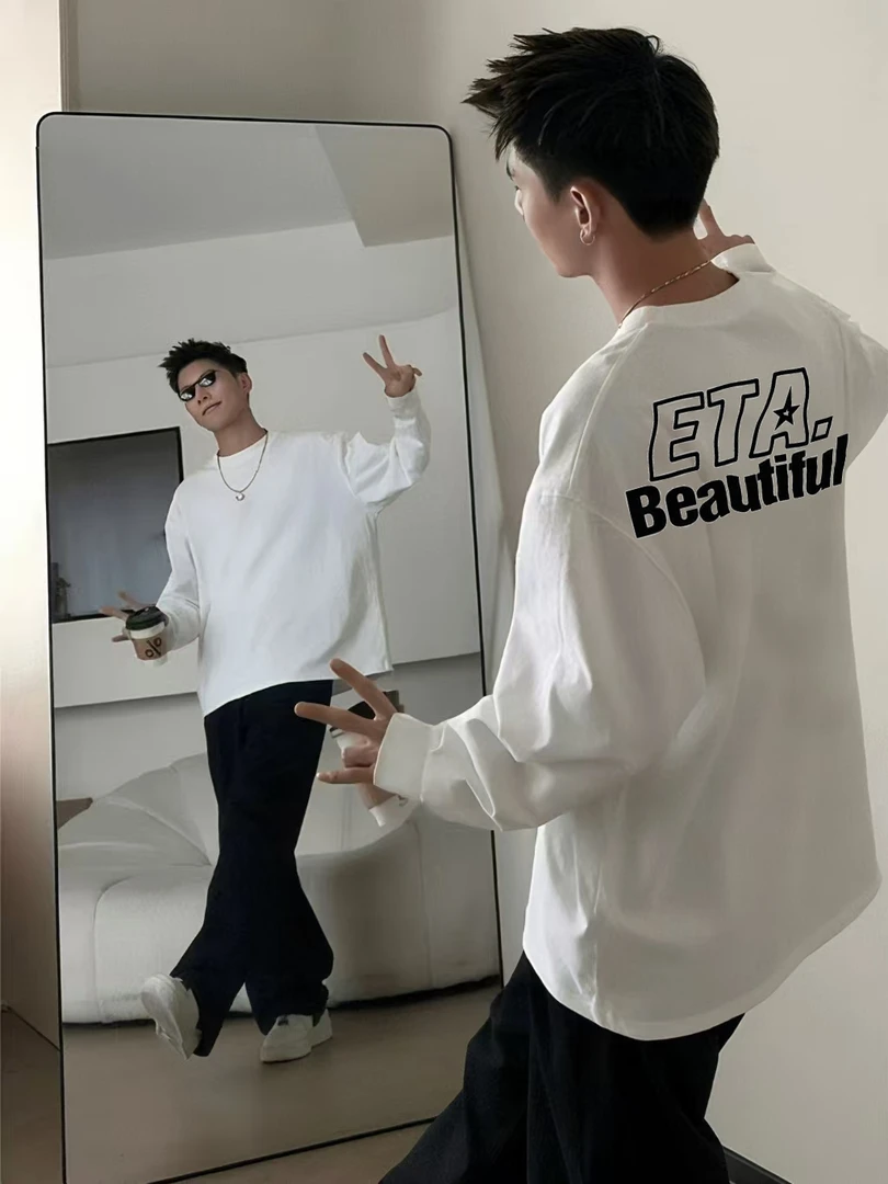 重磅纯棉长袖男美式圆领潮牌痞帅炸街打底衫秋内搭潮流宽松时尚T