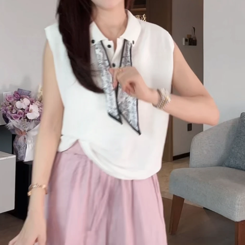 设计感韩版百搭修身显瘦女时尚翻领2025夏季新款丝巾针织无袖上衣