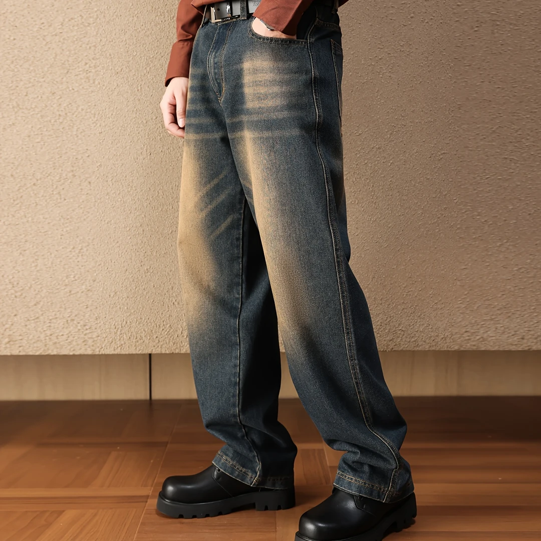 5014美式秋冬复古水洗做旧百搭牛仔裤宽松直筒潮流