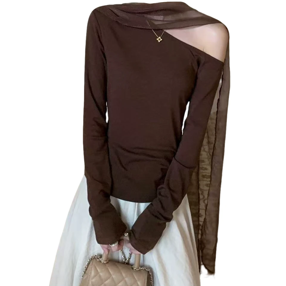 春秋美拉德风胖MM大码拼接丝巾微胖女装长袖显瘦斜肩上衣长袖T恤