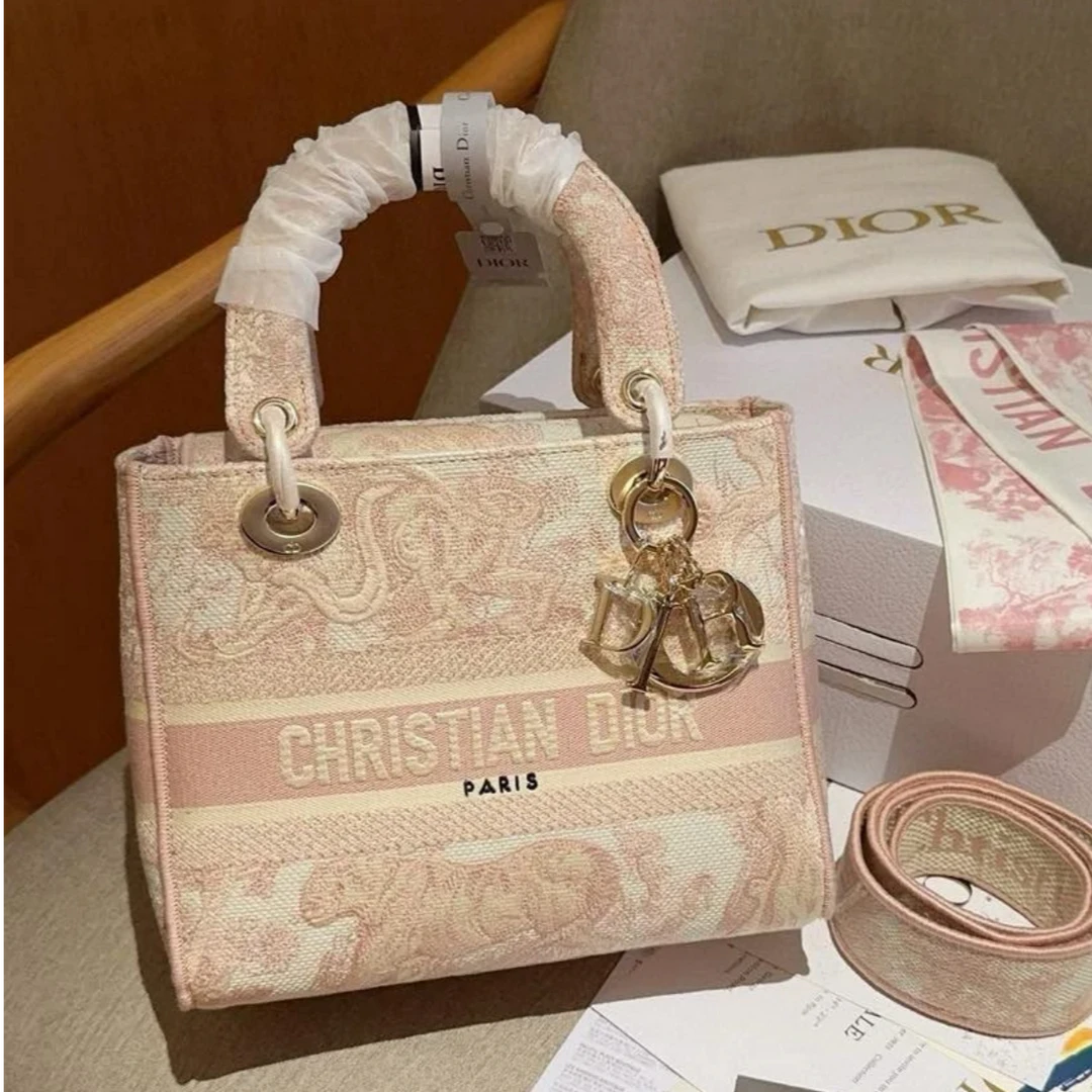 99新 DIOR/迪奥 小花JerryLady D-Lite 戴妃包 中号 粉色