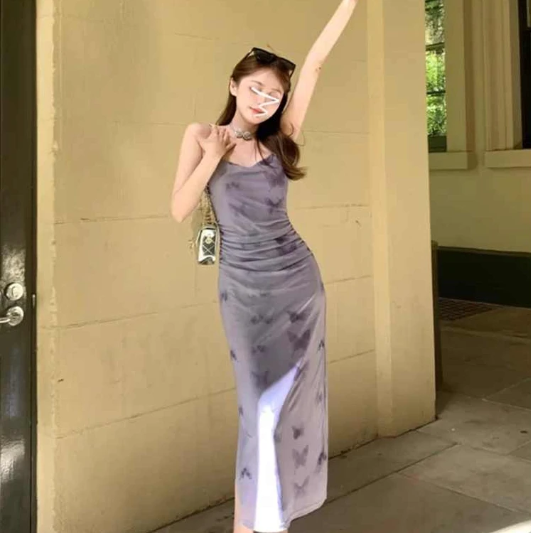 日系紫色蝴蝶吊带连衣裙女夏季新款小众设计法式辣妹修身包臀裙子