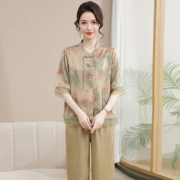 妈妈夏装2025新款贵夫人洋气中年女装碎花短袖衬衫上衣