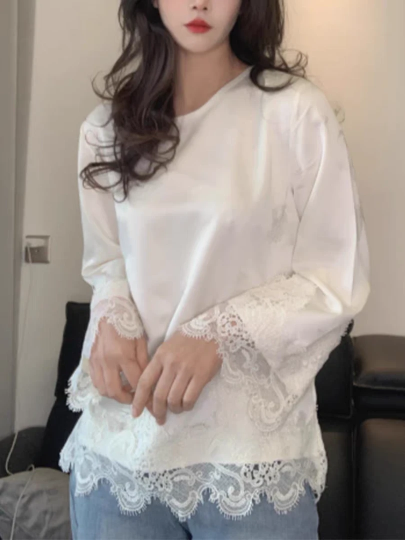 白色新中式蕾丝上衣长袖女设计感小众百搭圆领缎面提花国风衬衫春