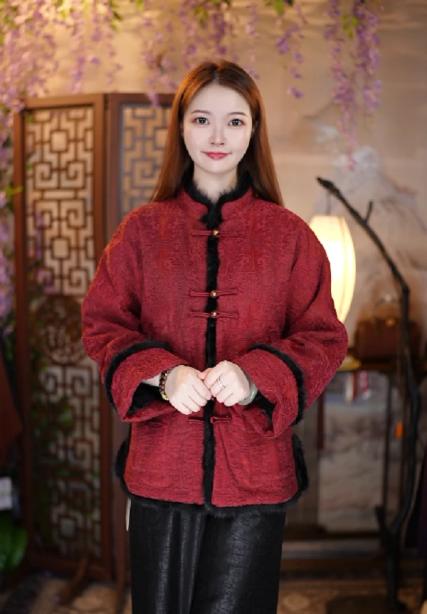 【红饕餮纹吉祥棉衣】100%桑蚕丝油丝填充100%桑蚕丝水貂毛边