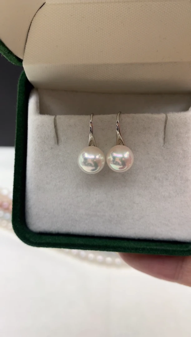 银S925镶嵌ff海水珍珠akoya白珠耳饰8~9mm