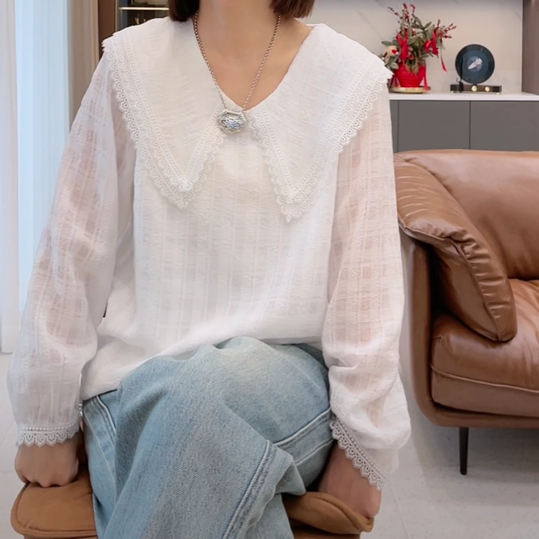 设计感娃娃领纯色百搭衬衫外套女2025年春季新款气质白色长袖衬衣