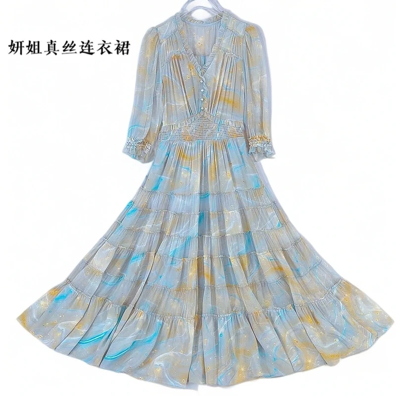 妍姐2025春夏新款花V领修身长裙高端走秀真丝连衣 珍珠兰 25002-1