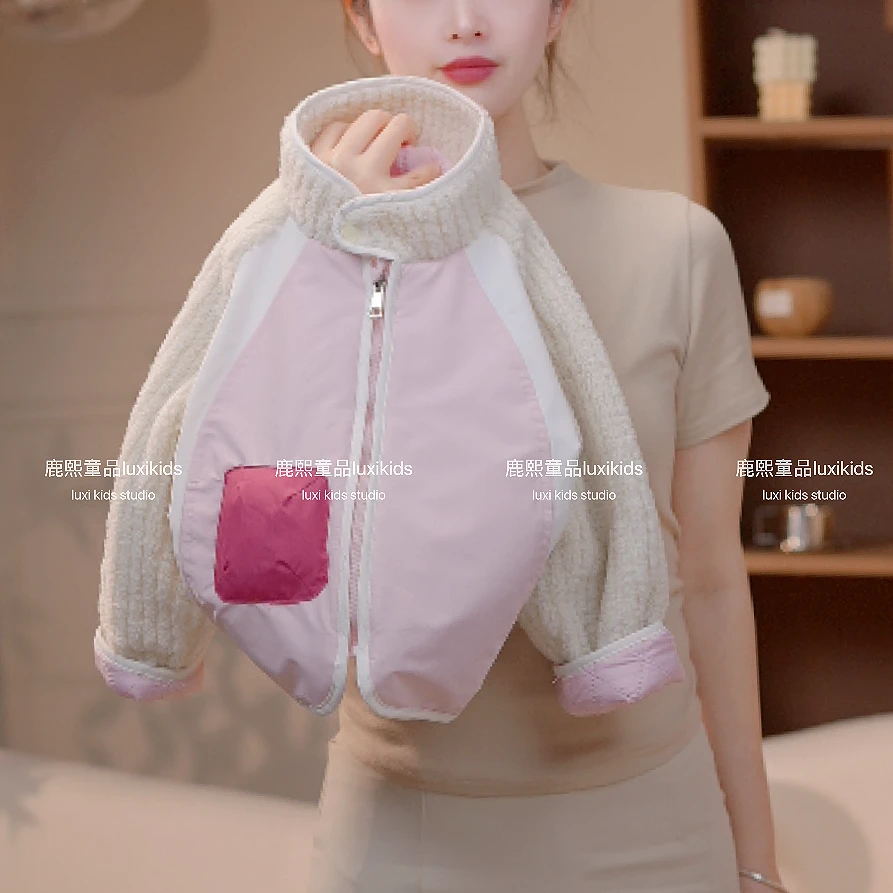 2024冬季新款女童时尚拼接颗粒羔羔毛棉服外套+裤子套装