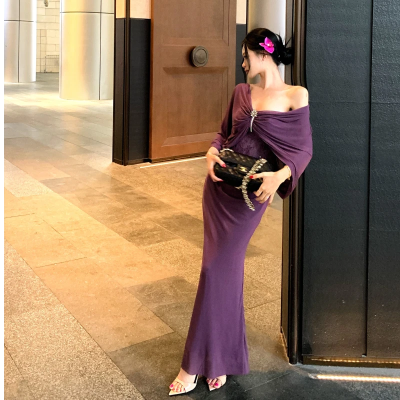 春夏季通勤纯欲紫色很有韵味新款性感连衣裙收腰显瘦包臀鱼尾长裙