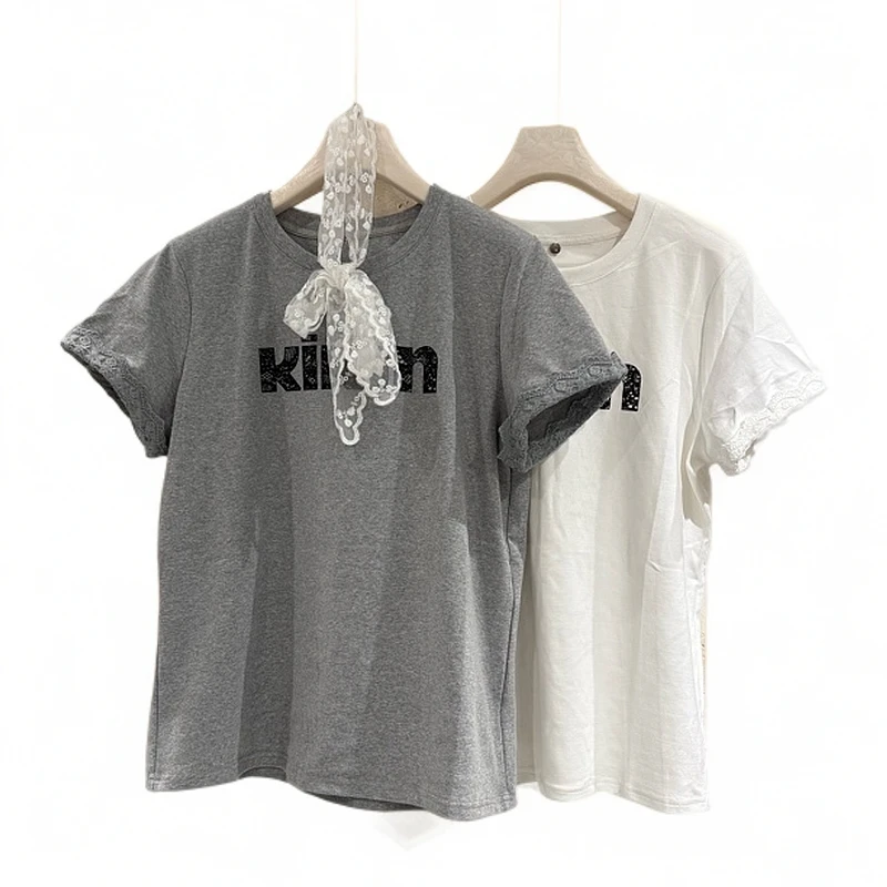 字母烫印猫咪抗起球短袖圆领T恤时尚印花韩版简约不规则女士9039