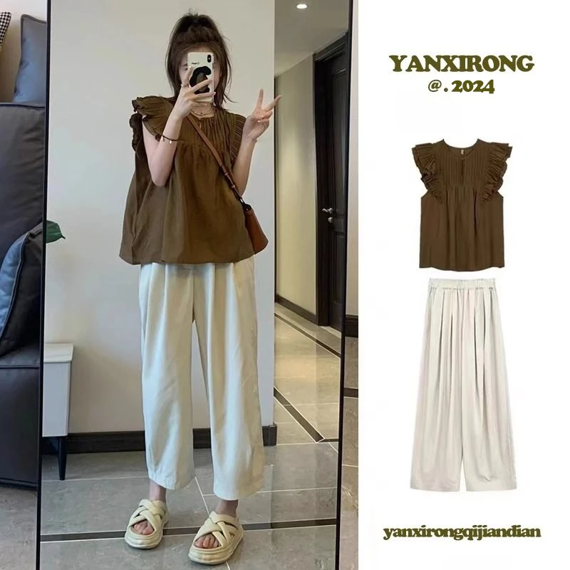 9691飞飞袖压褶衬衫女2024夏大码胖mm遮肉显瘦休闲百搭时髦阔腿裤