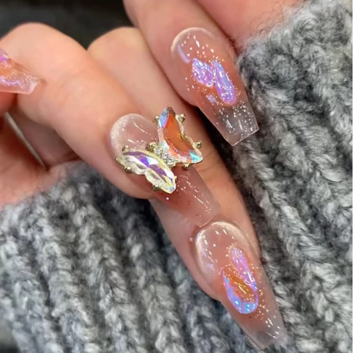 手工穿戴甲【指尖蝶】美甲贴片可拆卸持久光疗夏日爆闪气质渐变紫色