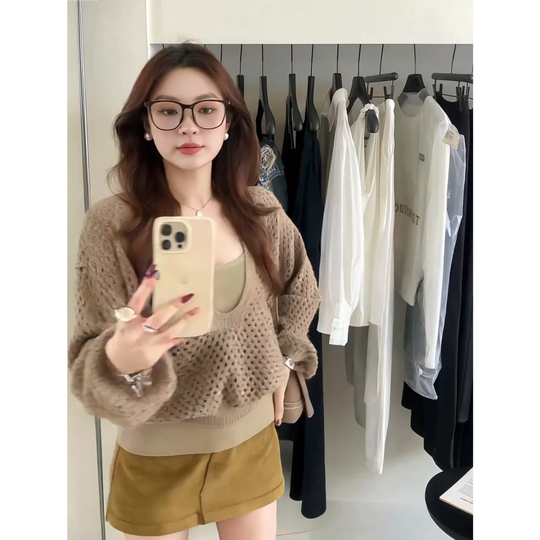 韩系慵懒系宽松V领泡泡袖短款镂空针织衫+针织吊带背心套装女秋季