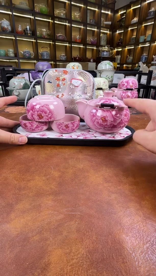 瓷片新款粉色牡丹宝瓶+长方粉色花朵盘