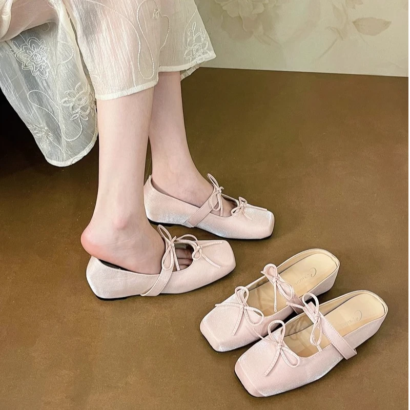 美猫汇真皮底2025新款蝴蝶结方头浅口玛丽珍包头半拖女外穿内增高